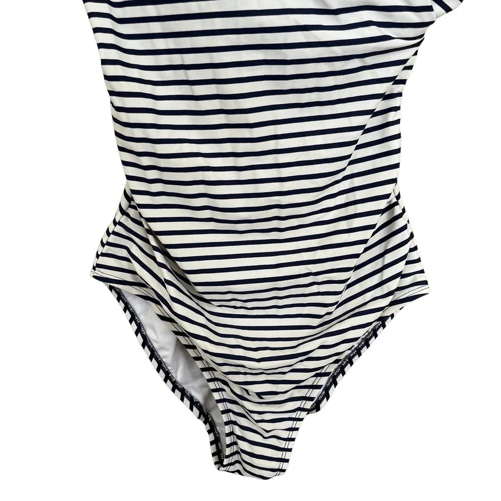 Kona Sol Bathing Suit Womens Medium Blue White Stripe 1 Pc Macrame Pool Vacation